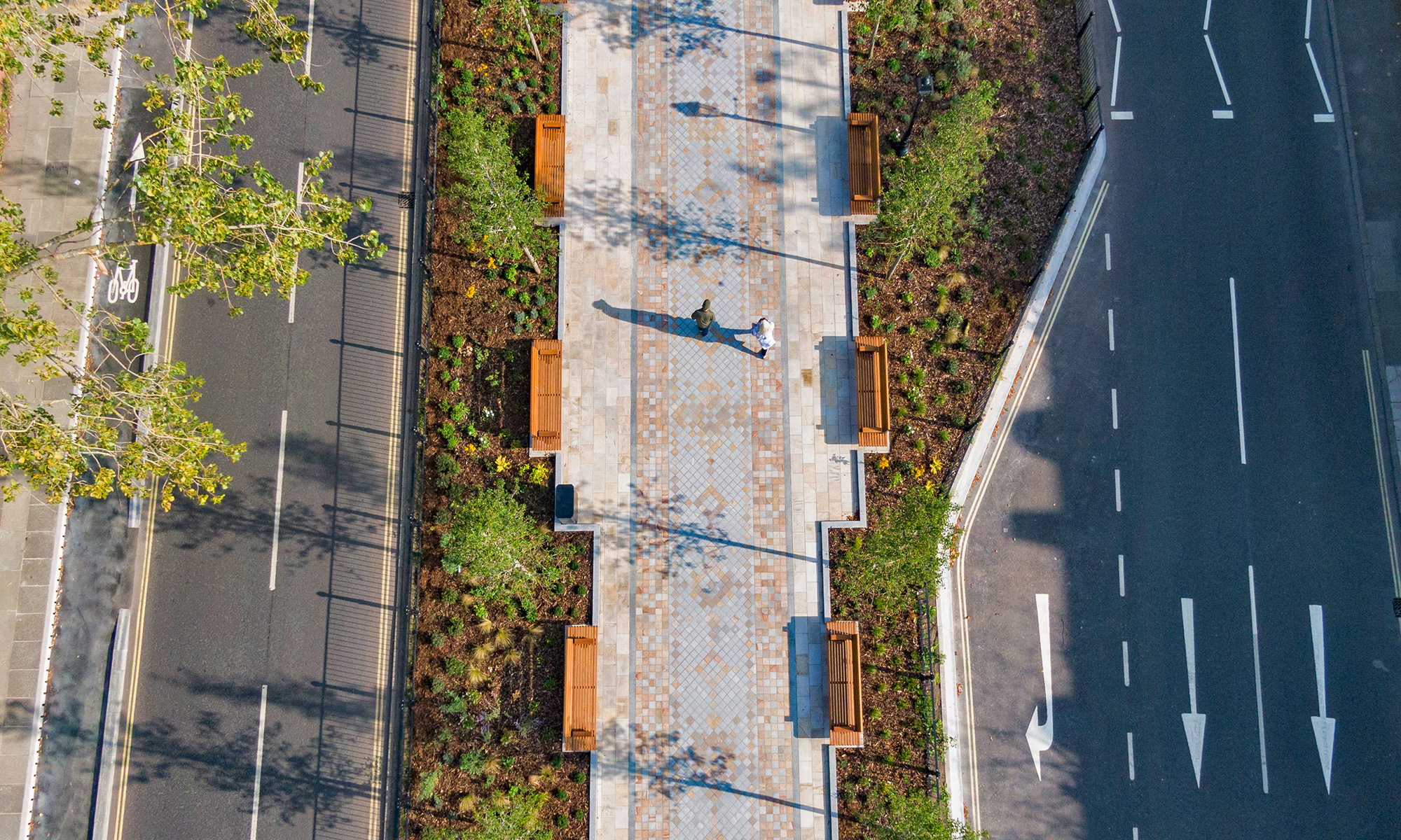 Aerial shot of the walking space at Princes Boulevard in Manchester